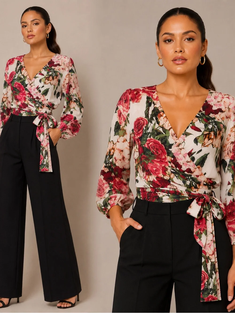 Jealous Tomato Floral Wrap Blouse in Ivory, Rose, Green